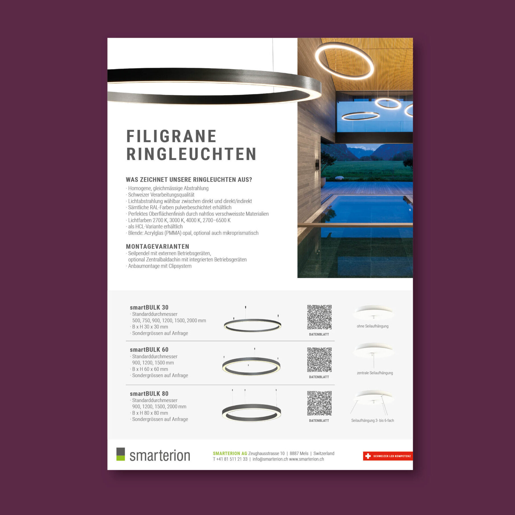 Ein Inserat Design für Filigrane Ringleuchten von Smaterion, gestaltet von Chiara Joos Design aus Chur.